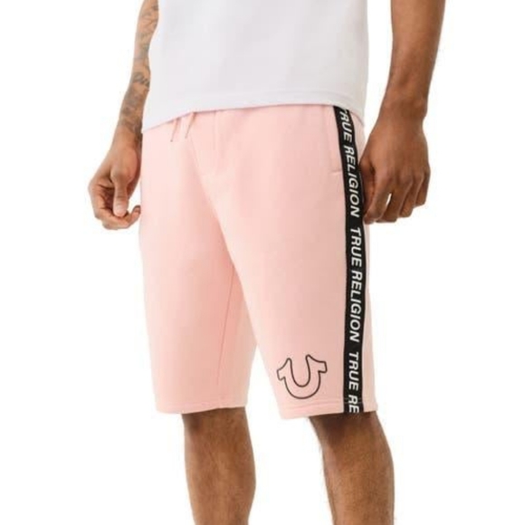 TRUE RELIGION Mens Pink Travertine Silicone Tape Logo Shorts - Picture 1 of 6